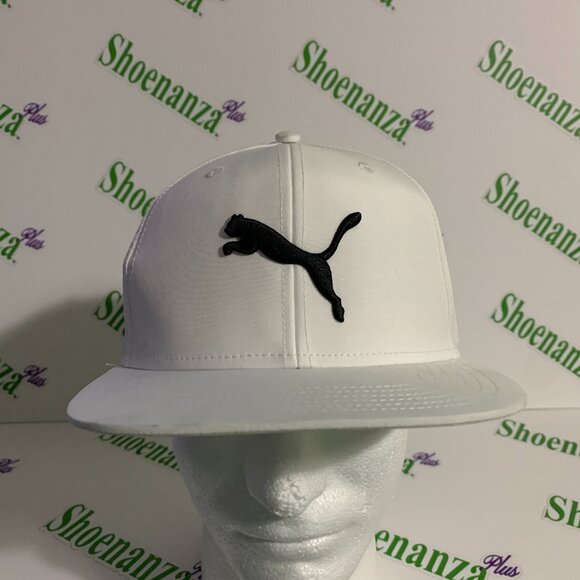 PUMA Hat Adjustable Snapback Baseball Cap Flat Bill White Black Logo One Size - Picture 1 of 7